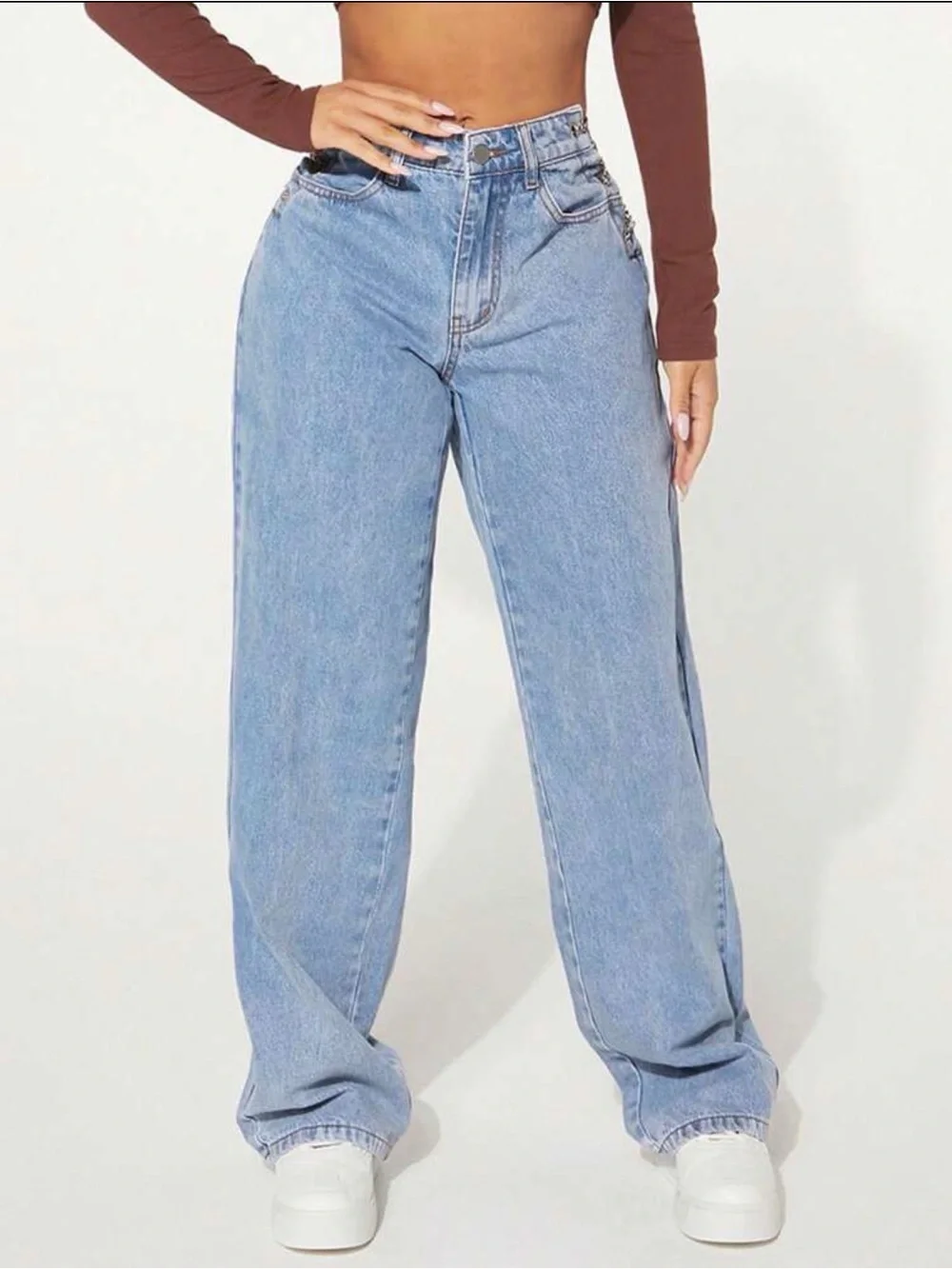 High-Waist Wide Leg Jeans with Side Chain Detail - Light Blue